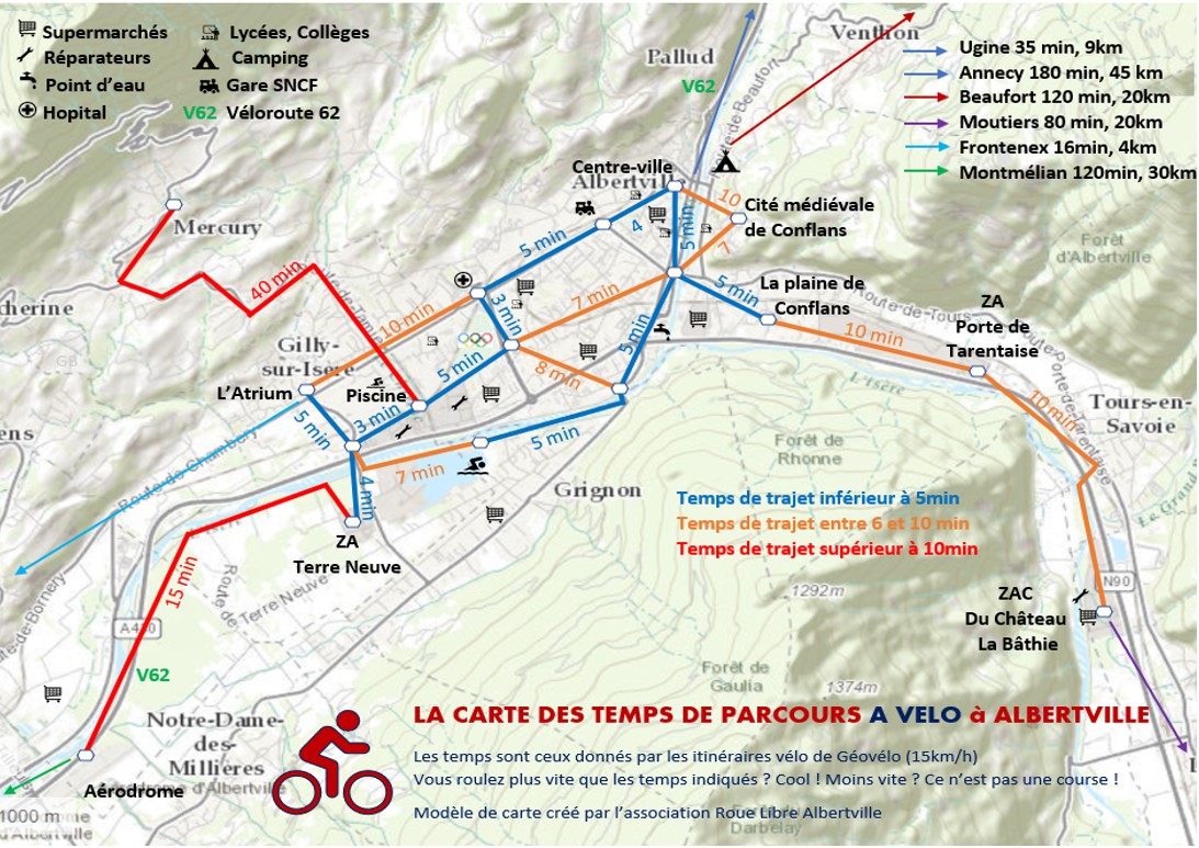 Carte des temps de parcours à vélo sur Albertville